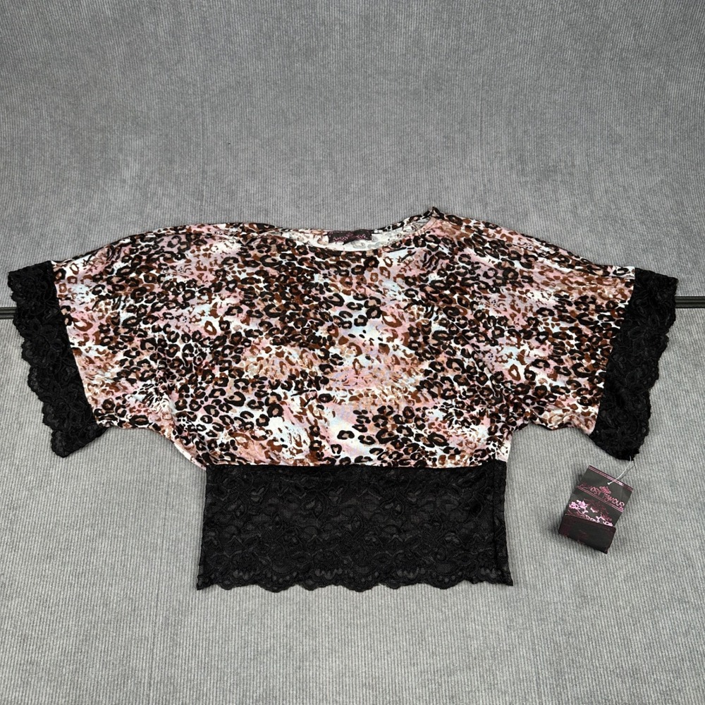Almost Famous y2k Leopard Print Lace Trim Top Short Sleeve Blouse Brown Black M"